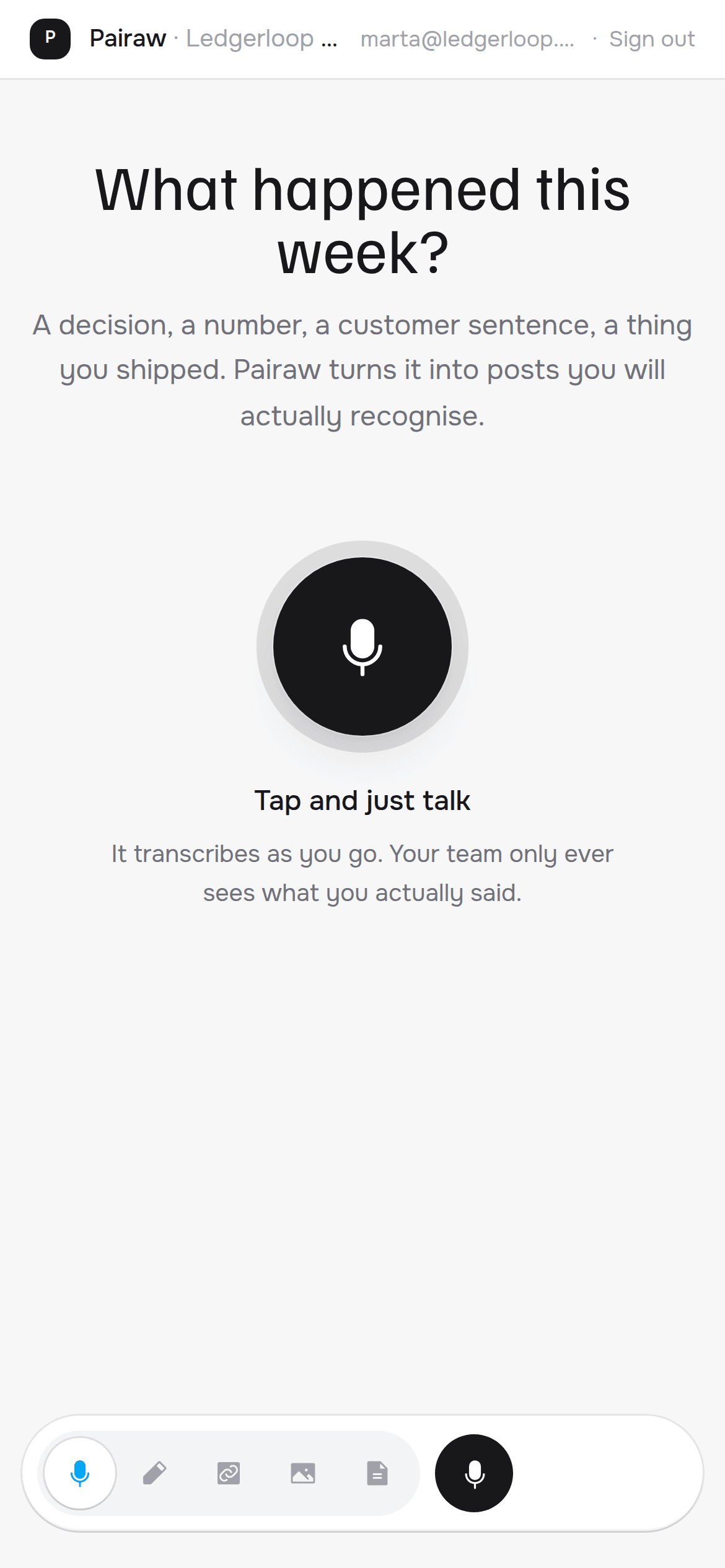 The founder's capture page: tap and just talk