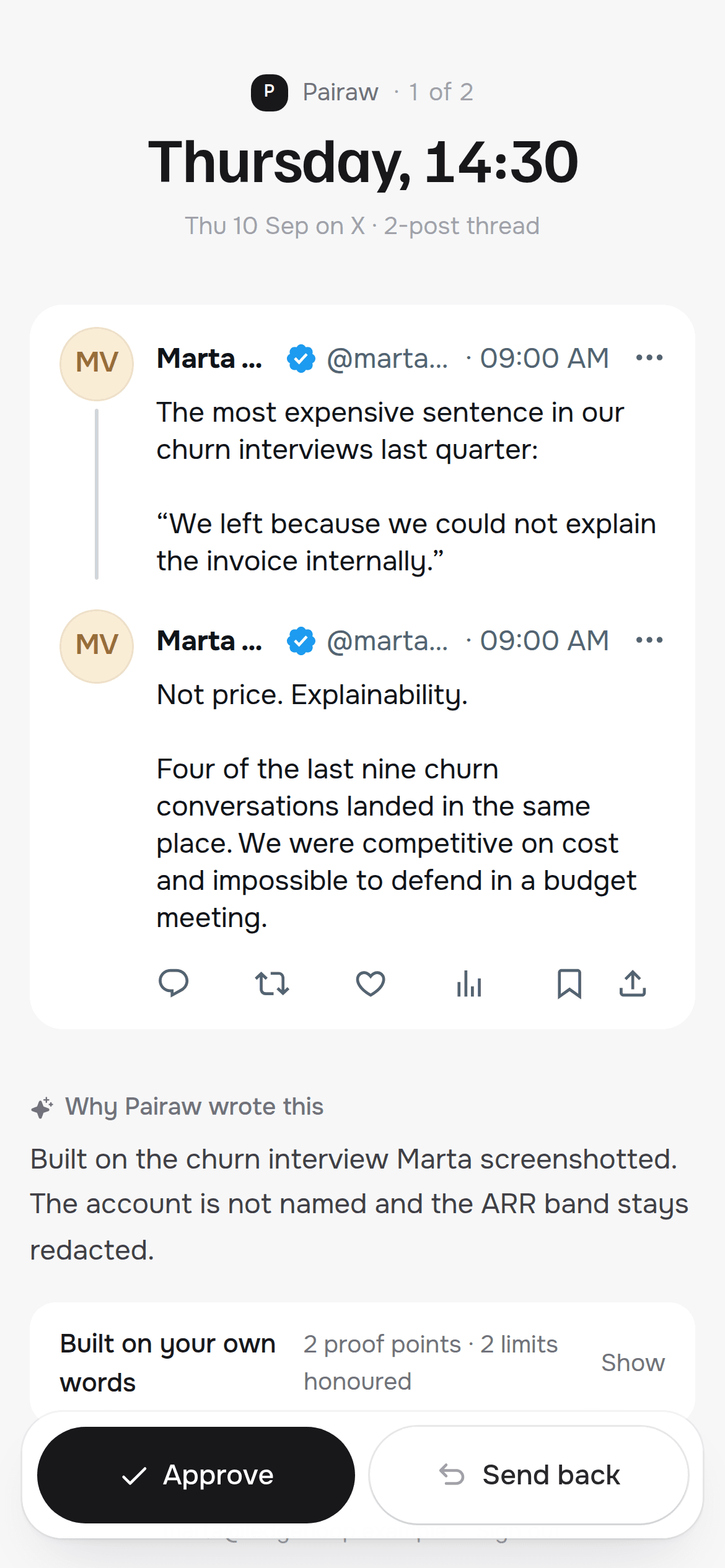The founder's review page on her phone, with Approve